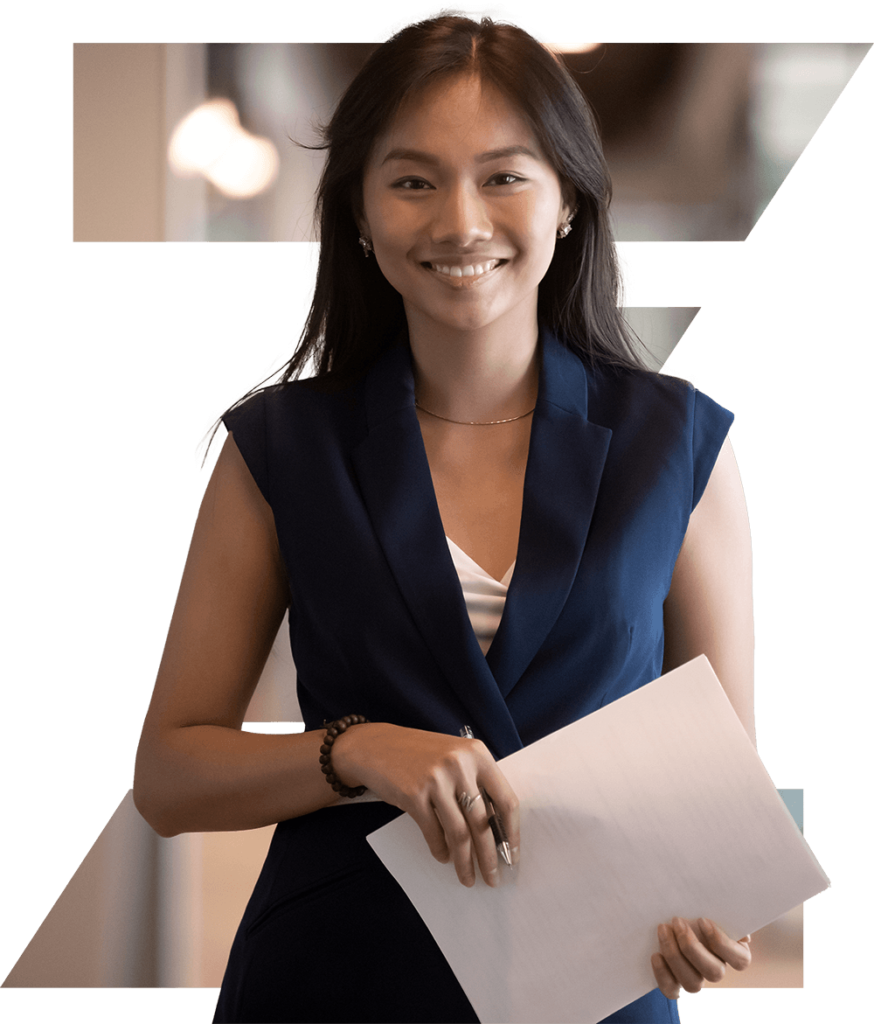 Woman holding papers smiling